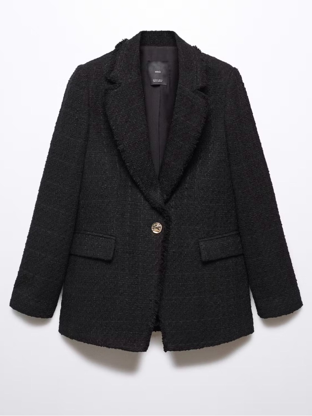 Mango Black Textured Single-Button Tweed Bouclé Blazer